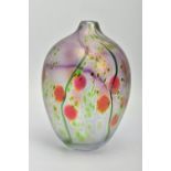 PETER LAYTON (BRITISH 1937) AN IRIDESCENT OVOID SHAPED GLASS VASE, decorated with berries and