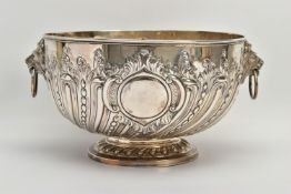 A VICTORIAN SILVER PUNCH BOWL, with cast lion mask and ring handles, the bowl repousse decorated