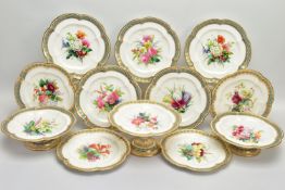 A VICTORIAN PORCELAIN HAND PAINTED PART DESSERT SERVICE, comprising three comports and nine