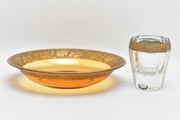 TWO PIECES OF MOSER GLASS WARE, comprising an clear glass octagonal faceted vase with gold