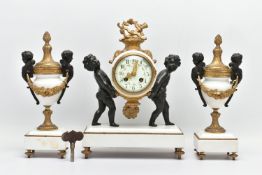 A LATE 19TH CENTURY WHITE MARBLE, BRONZED AND GILT METAL FIGURAL CLOCK GARNITURE, the clock with