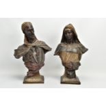 A PAIR OF LATE 19TH CENTURY FRIEDRICH GOLDSCHEIDER POLYCHROME-PATINATED TERRACOTTA ORIENTALIST BUSTS