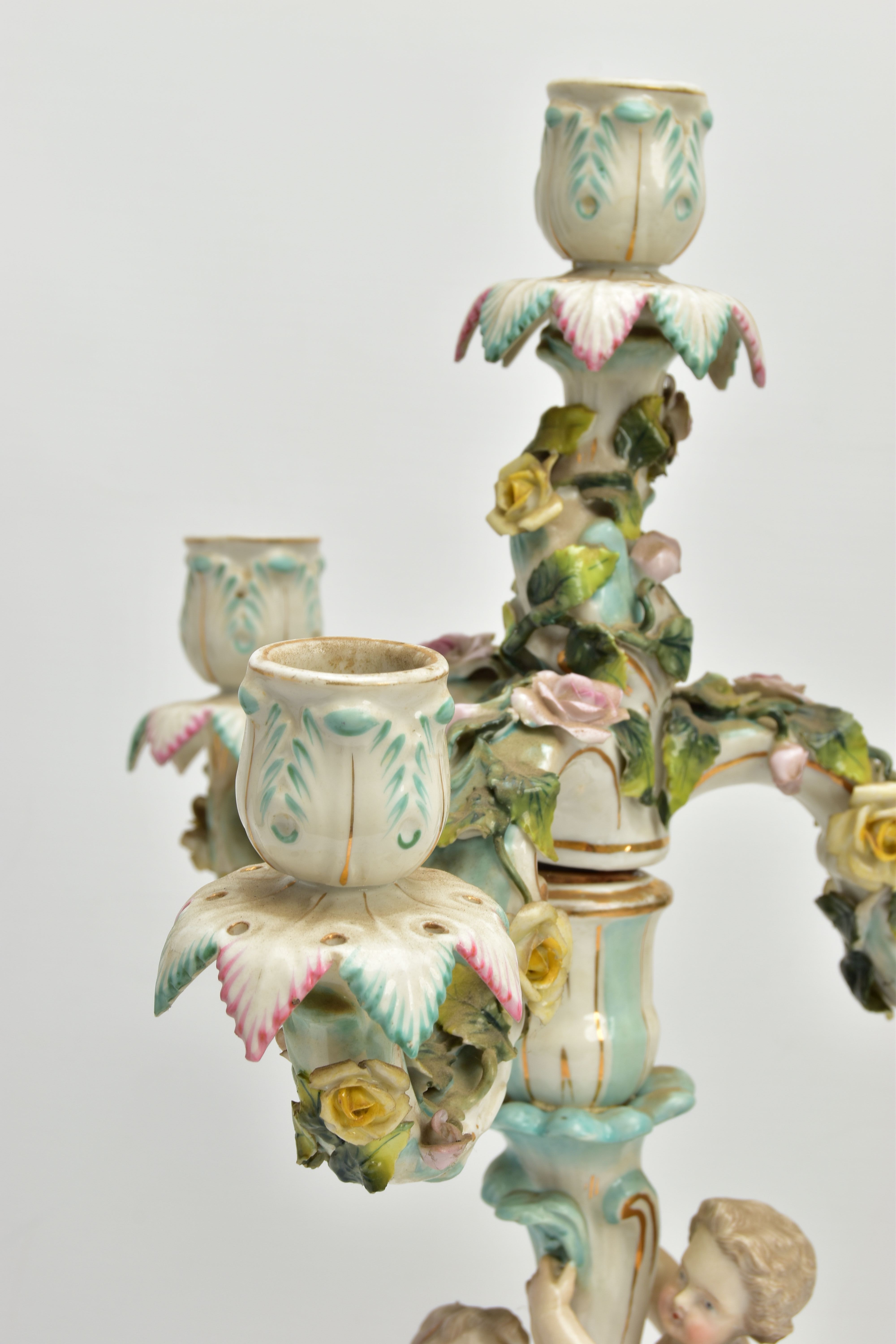 A PAIR OF LATE 19TH / EARLY 20TH CENTURY PLAUE PORCELAIN FLORALLY ENCRUSTED FIGURAL CANDELABRA, each - Image 3 of 23