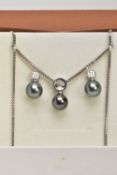 A MODERN TAHITIAN PEARL AND DIAMOND PENDANT AND EARRING SET, pendant designed as a single