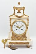 A LATE 19TH CENTURY FRENCH WHITE MARBLE AND ORMOLU MANTEL CLOCK BY PLANCHON OF PARIS, the urn shaped