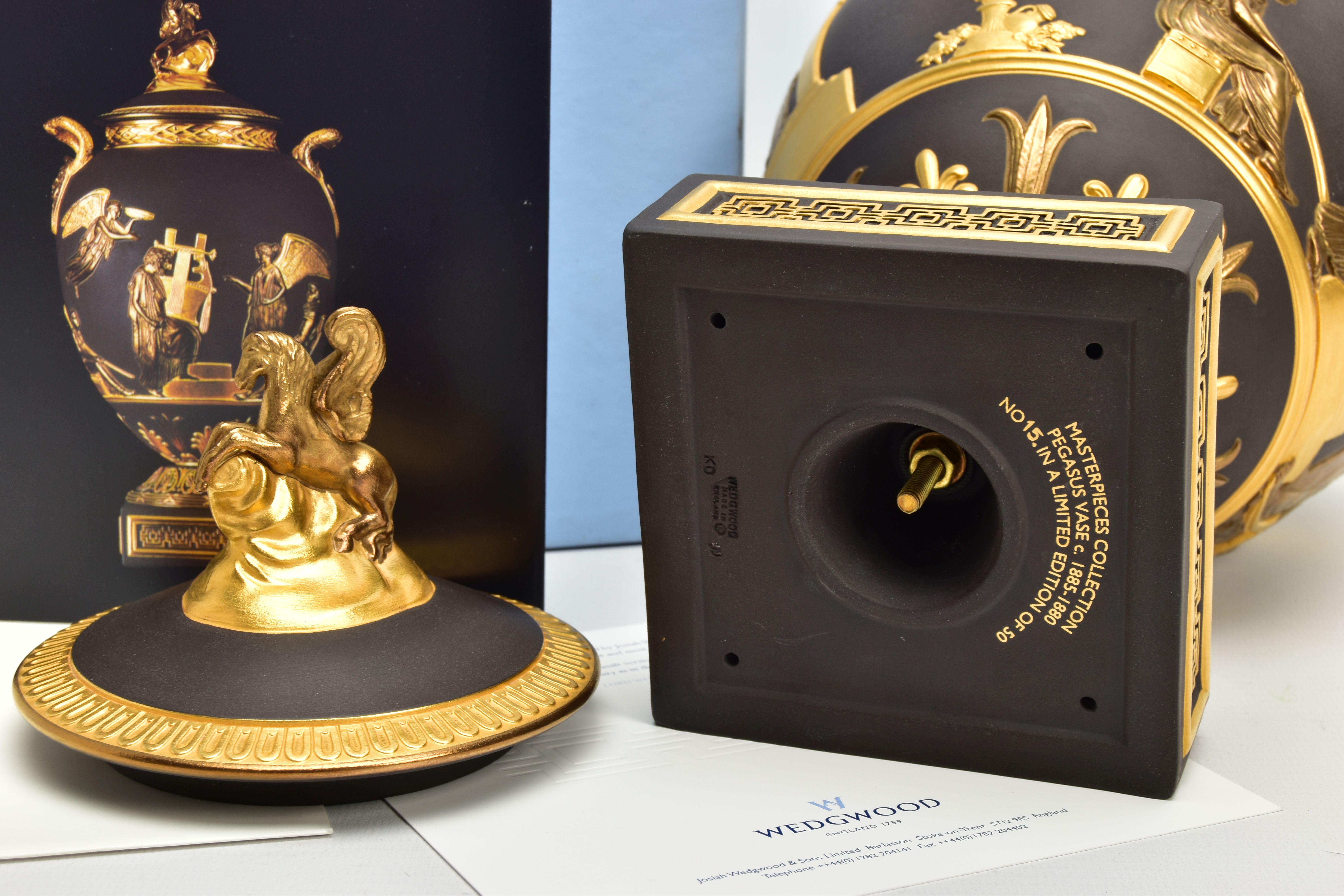 A BOXED WEDGWOOD MASTERPIECE COLLECTION LIMITED EDITION BLACK BASALT AND GILT PEGASUS VASE AND - Image 11 of 11