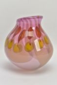 KARLIN RUSHBROOKE (BRITISH 1944) A STUDIO GLASS VASE OF SWOLLLEN BALUSTER FORM, green and pink