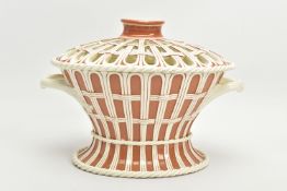 A LATE 18TH CENTURY WEDGWOOD CREAMWARE FLOWER BASKET AND COVER OF OVAL FORM, the pierced wicker