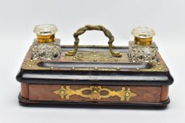 A VICTORIAN WALNUT, EBONISED AND BRASS MOUNTED DESK STAND OF RECTANGULAR FORM, with entwined snake