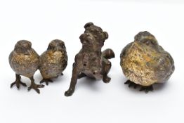 THREE EARLY 20TH CENTURY COLD PAINTED BRONZE FIGURES, comprising a group of two small birds,