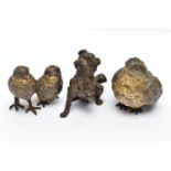 THREE EARLY 20TH CENTURY COLD PAINTED BRONZE FIGURES, comprising a group of two small birds,