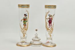 A PAIR OF LATE 19TH CENTURY CONTINENTAL GLASS JARS OF CONICAL FORM, ONE WITH A COVER, the domed