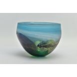 JOY GREENHALGH (BRITISH CONTEMPORARY) A GLASS BOWL DECORATED WITH A LANDSCAPE DESIGN, signed to