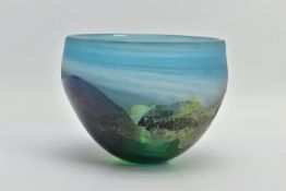 JOY GREENHALGH (BRITISH CONTEMPORARY) A GLASS BOWL DECORATED WITH A LANDSCAPE DESIGN, signed to