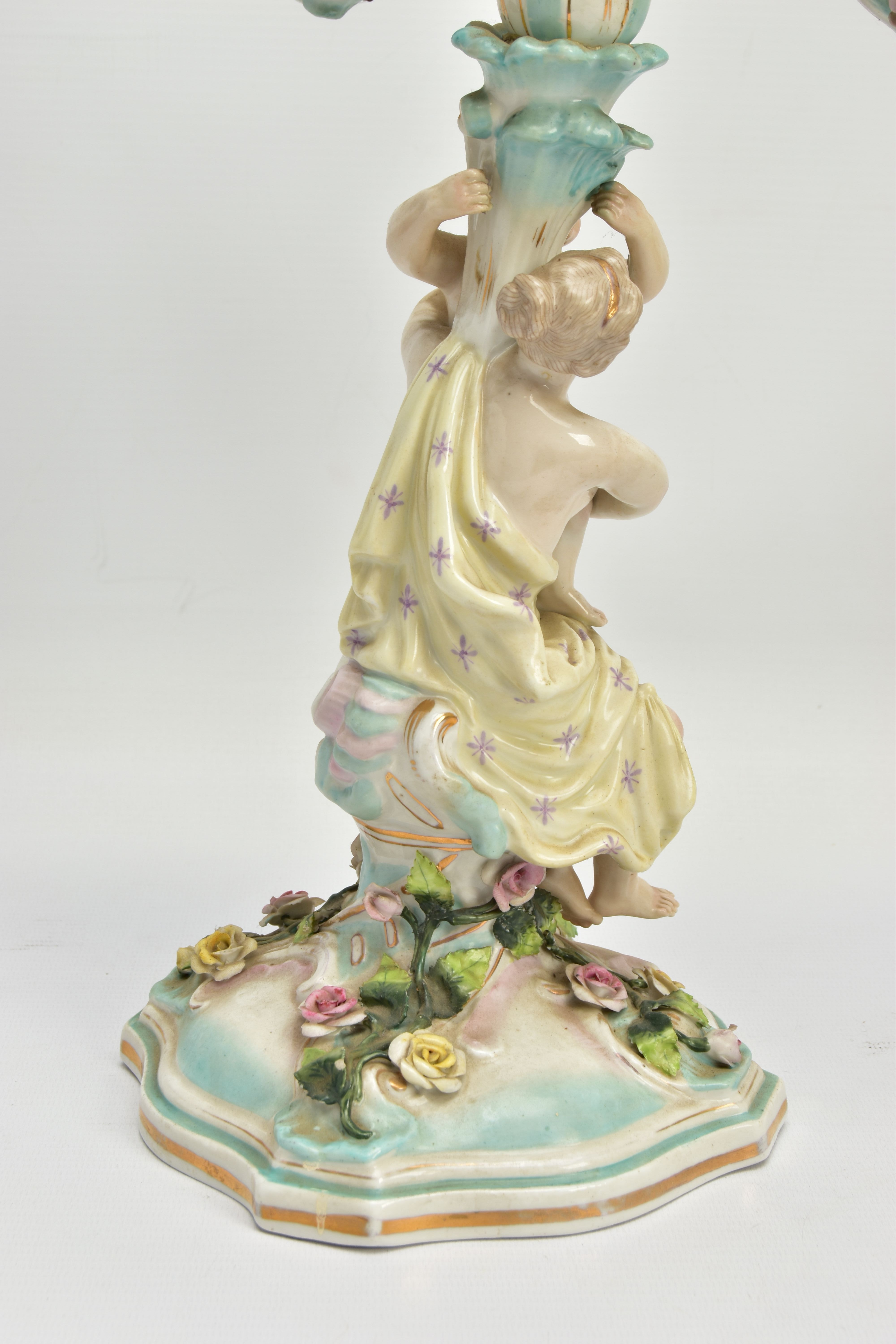 A PAIR OF LATE 19TH / EARLY 20TH CENTURY PLAUE PORCELAIN FLORALLY ENCRUSTED FIGURAL CANDELABRA, each - Image 6 of 23