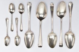 FIVE 18TH CENTURY HANOVARIAN PATTERN TABLESPOONS AND A SET OF FOUR PICTURE BACK TEASPOONS, the