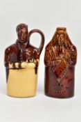 A 19TH CENTURY JOSEPH THOMPSON HARTSHORNE POTTERY TREACLE GLAZED BROUGHAM REFORM CORDIAL FLASK,