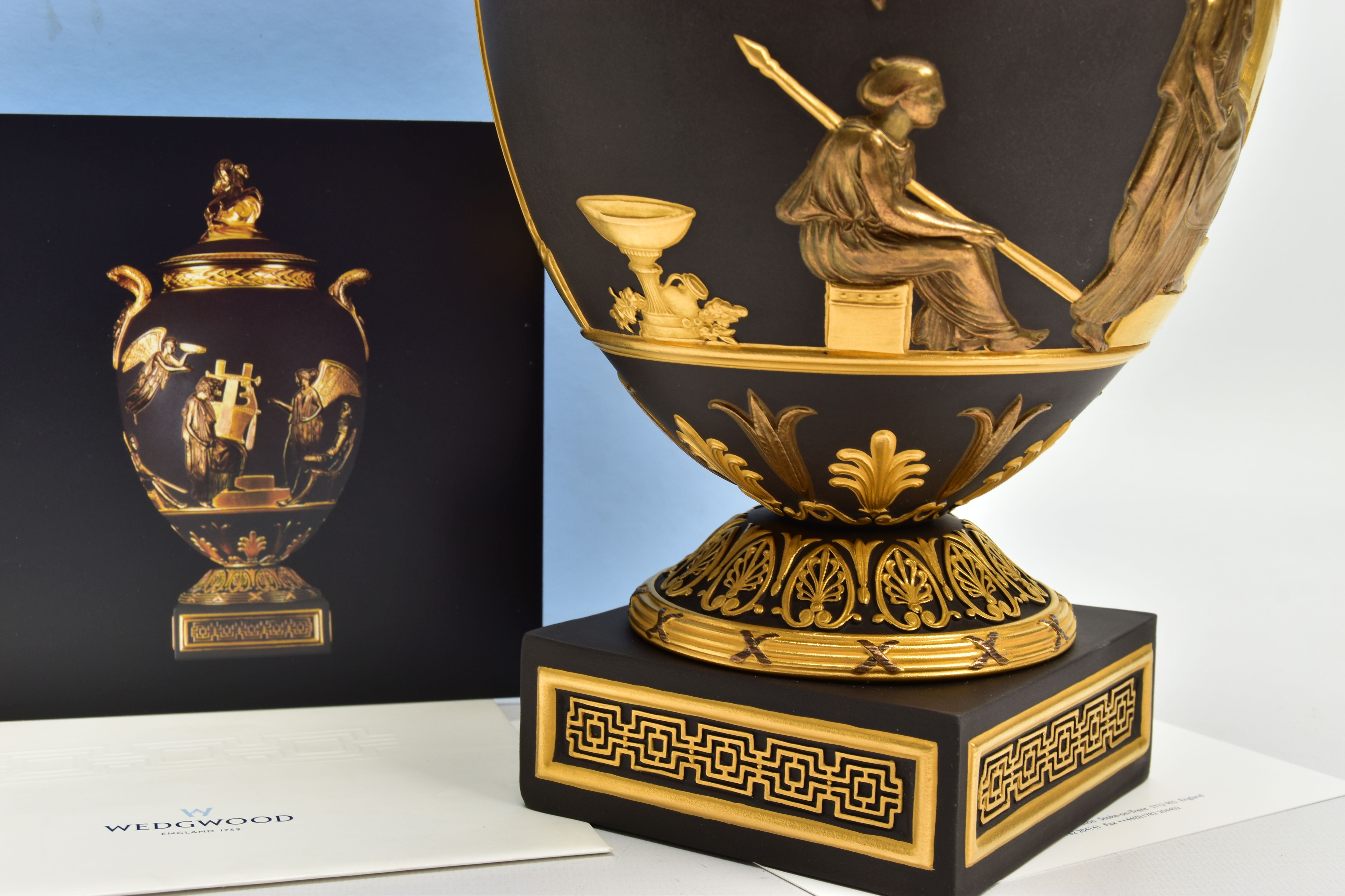 A BOXED WEDGWOOD MASTERPIECE COLLECTION LIMITED EDITION BLACK BASALT AND GILT PEGASUS VASE AND - Image 8 of 11