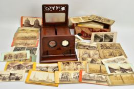 A VICTORIAN MAHOGANY TABLE TOP STEREO GRAPHOSCOPE VIEWER, the top section with folding stereoscope