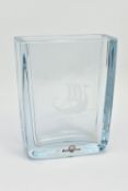 A STROMBERGSHYTTAN GLASS VASE OF TAPERING RECTAGULAR FORM, engraved with a Viking longship and