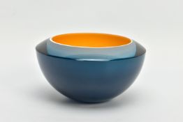 RACHAEL WOODMAN (BRITISH 1957) A BEVELLED SOMMERSO GLASS BOWL, blue over white and yellow, incised