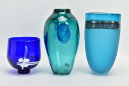 THREE PIECES OF LATE 20TH CENTURY BRITISH STUDIO GLASS, comprising a Phil Oakly green glass vase