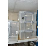 FOUR 'REALLY USEFUL BOX' 18 LITRE BOXES, with lids, boxes measure approximately 48cm x 39cm x