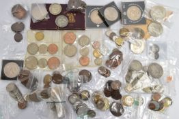 A CARDBOARD BOX CONTAINING MIXED COINAGE, to include a small parcel of silver content coins which