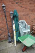 TWO METAL GARDEN LANTERNS, max height 198cm, along with two garden parasol's, six plastic