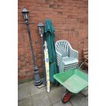 TWO METAL GARDEN LANTERNS, max height 198cm, along with two garden parasol's, six plastic