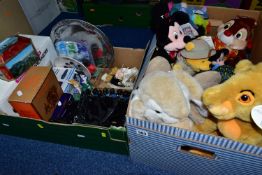 TWO BOXES OF SOFT TOYS AND SUNDRY ITEMS ETC INCLUDING OFFICIAL DISNEY TOYS, to include a Young