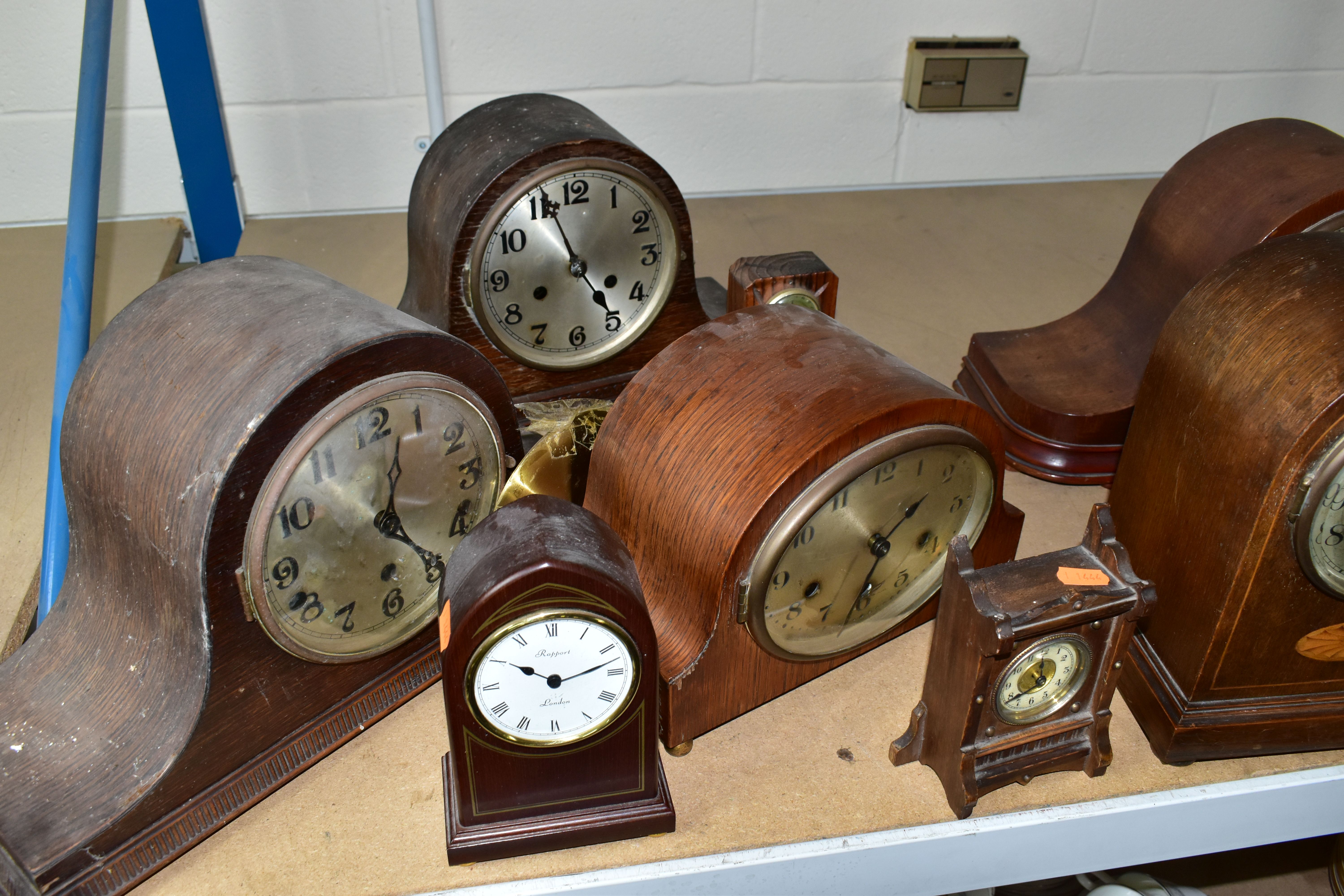 A QUANTITY OF CLOCKS AND TWO BAROMETERS, comprising two dome shaped clocks with Marquetry, height of - Image 6 of 6