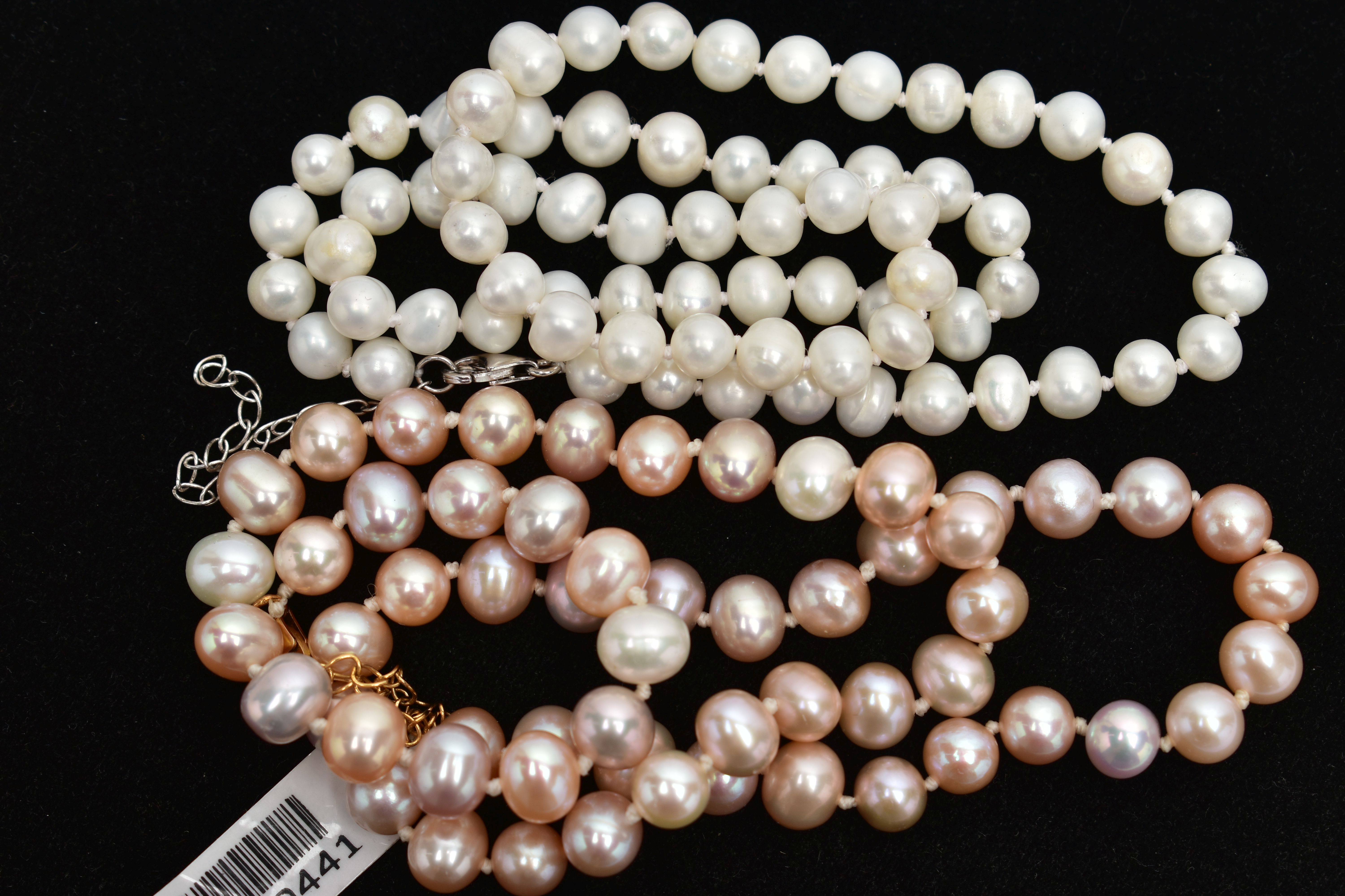 TWO IMITATION PEARL NECKLACES, the first a peachy pink hue oval shape bead necklace, with lobster - Image 2 of 3