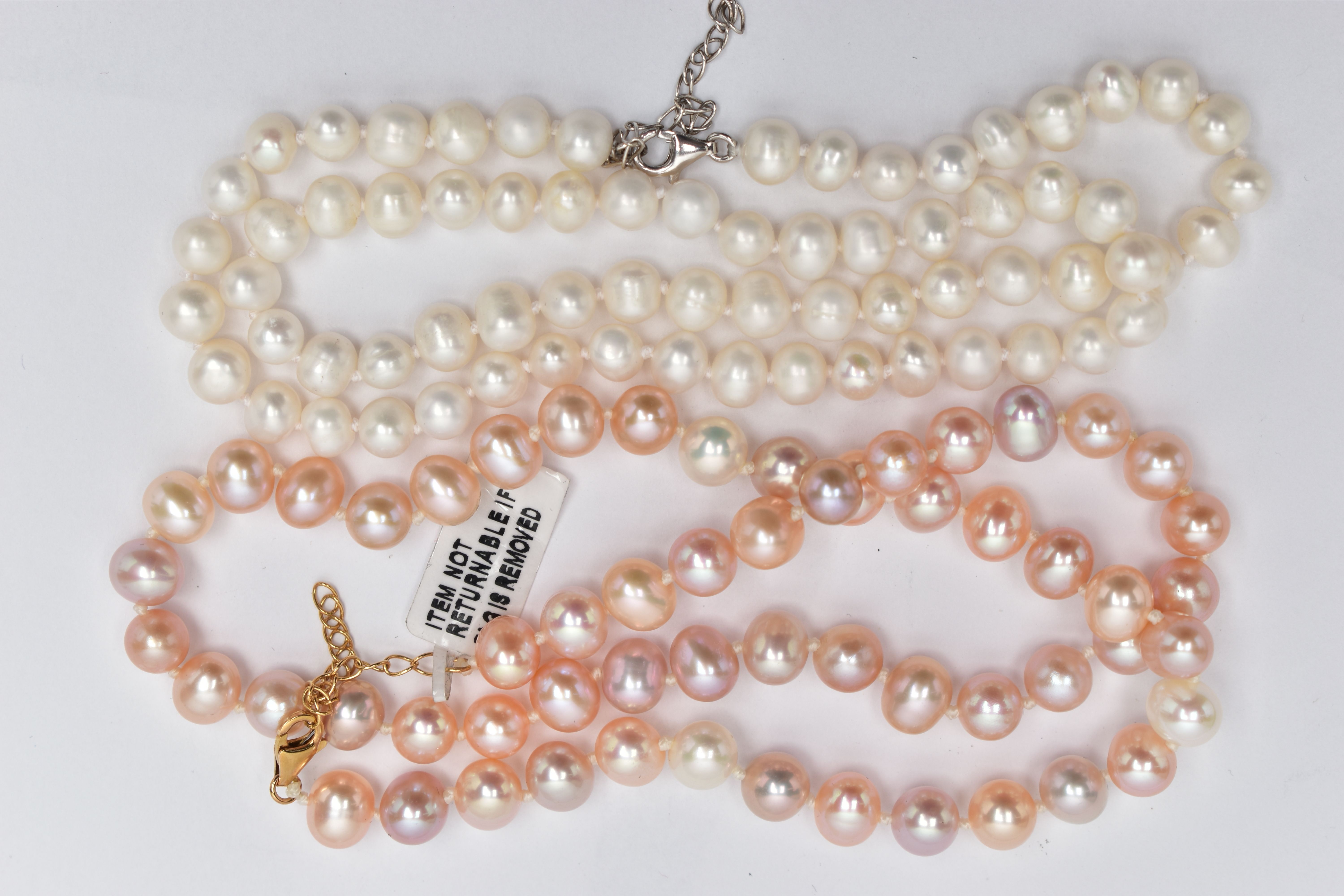 TWO IMITATION PEARL NECKLACES, the first a peachy pink hue oval shape bead necklace, with lobster - Image 3 of 3