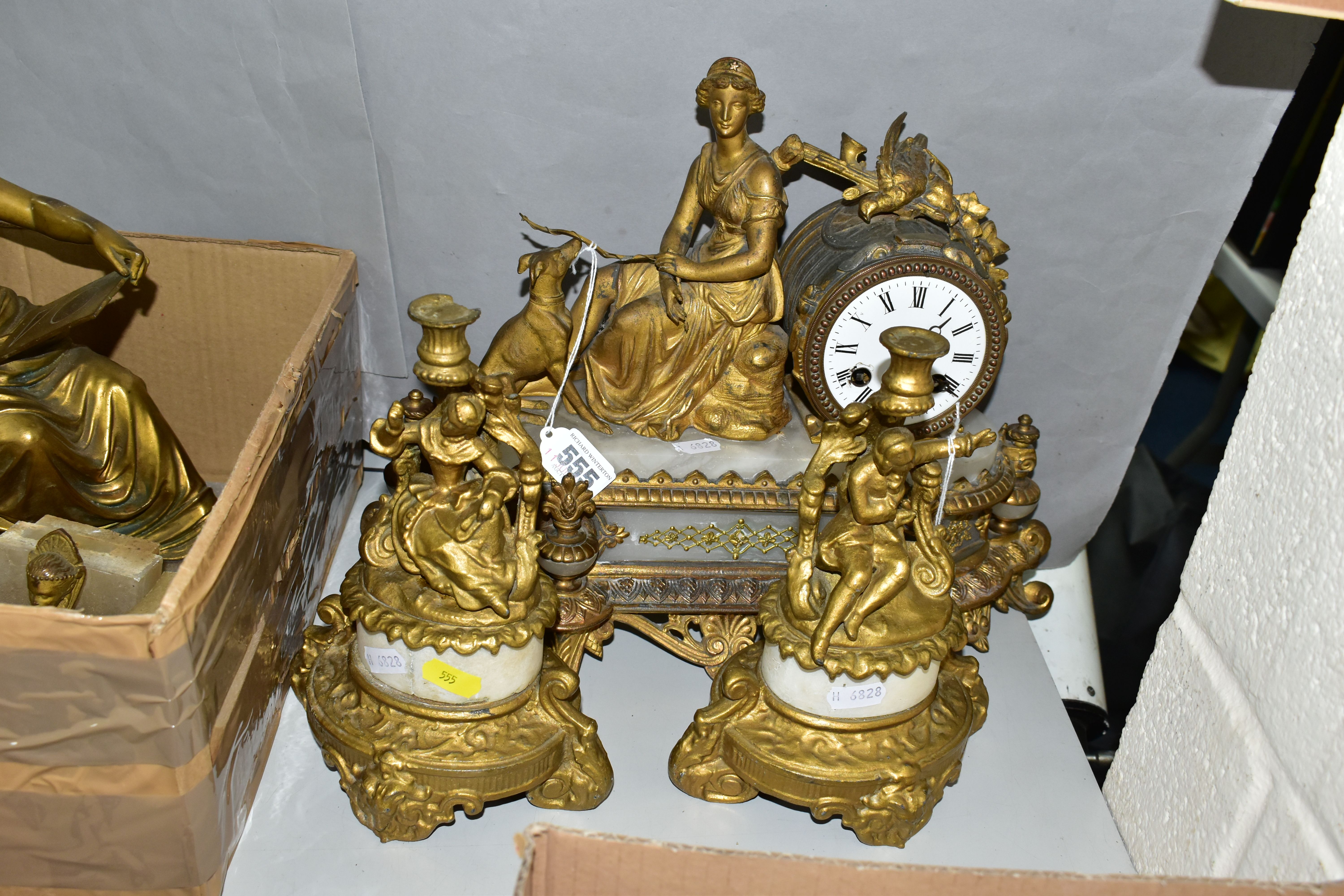 TWO FRENCH STYLE SPELTER AND ALABASTER MANTEL CLOCKS, the first depicts a female figure and dog on a - Image 2 of 5