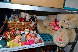 ONE LARGE BEAR AND TWO BOXES OF SOFT TOYS, including teddies and hand puppets,( 2 boxes and 1