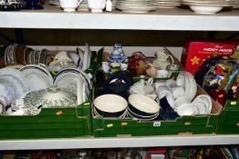 FIVE BOXES OF CERAMICS, to include a Crown Ducal lidded tureen, a Royal Doulton tea set including