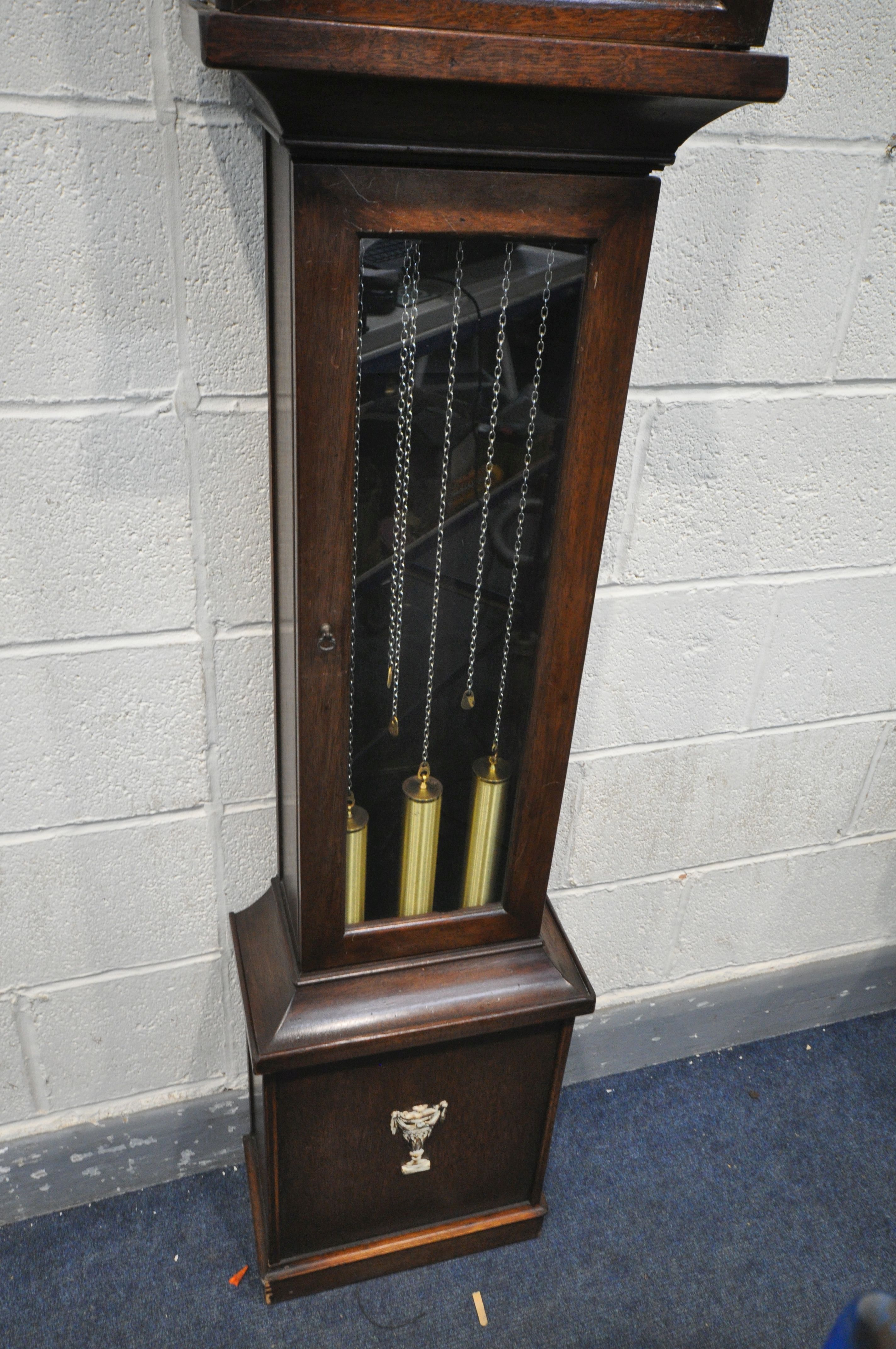 A MODERN MAHOGANY TEMPUS OMNIA LONG CASE CLOCK, brushed steel dial with roman numerals, brass face - Image 3 of 3