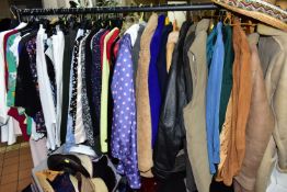 A QUANTITY OF LADIES' AND MEN'S CLOTHING AND ACCESSORIES, over sixty items of clothing to include