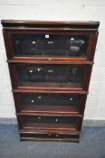 A 20TH CENTURY MAHOGANY GLOBE WERNIKE FOUR SECTION BOOKCASE, with glazes fall front doors, width