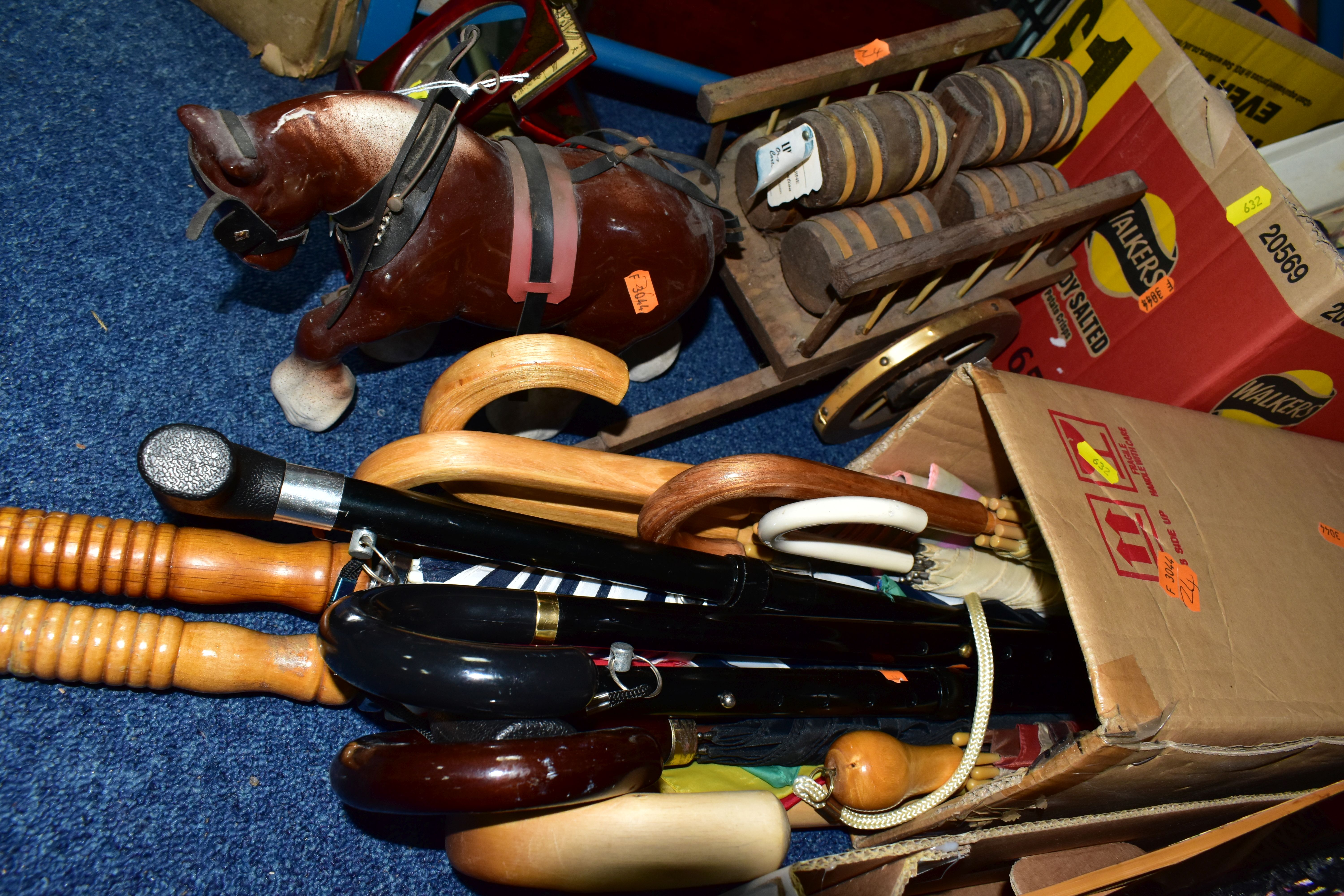 FOUR BOXES AND LOOSE TREEN, UMBRELLAS AND SUNDRY ITEMS, to include wooden biscuit barrels, fruit - Image 4 of 6