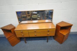 AN AVALON TEAK DRESSING TABLE, with a single rectangular mirror, and for assorted drawers, length