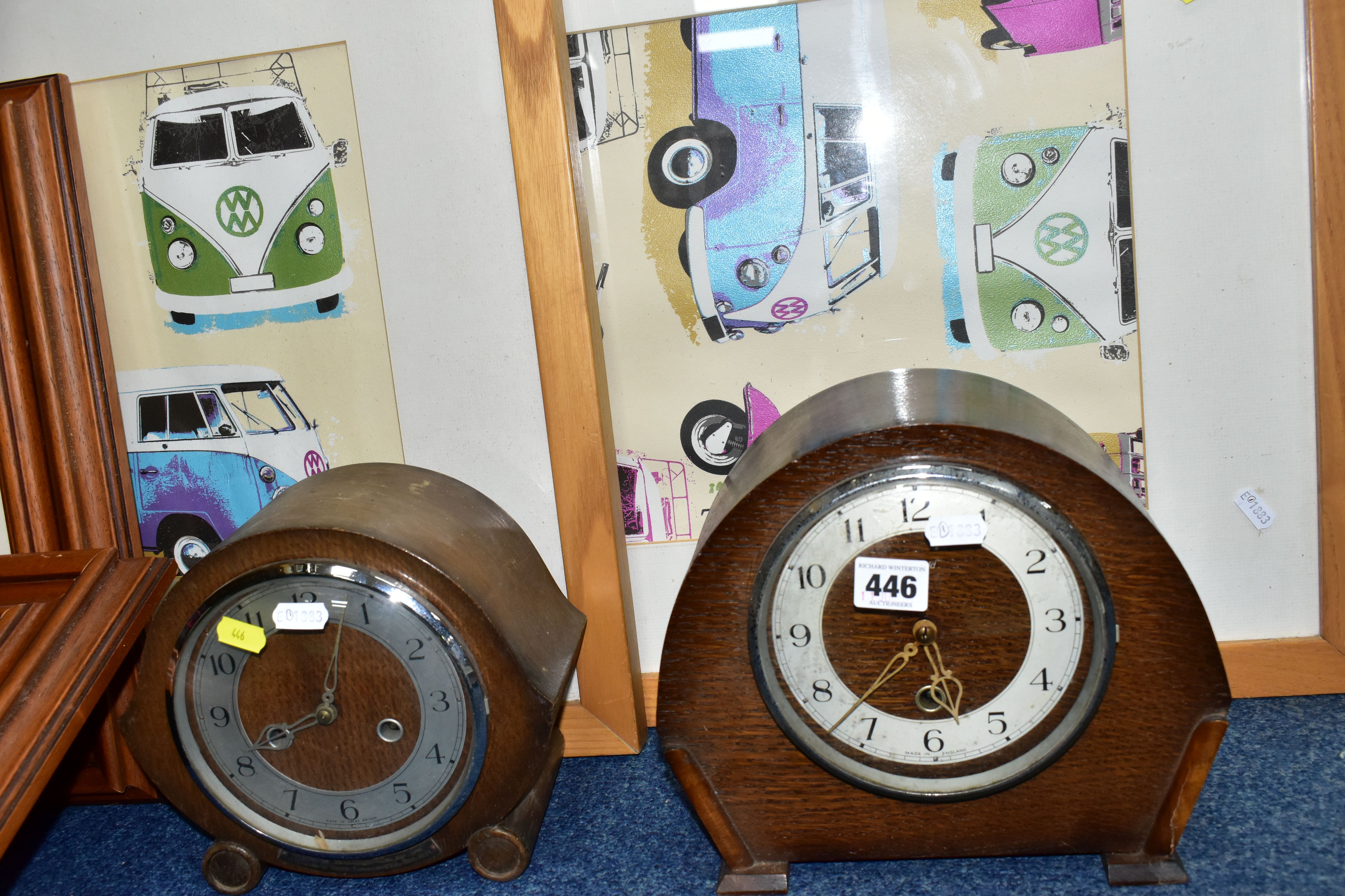 SIX FRAMED PICTURES AND TWO MANTEL CLOCKS, comprising two pairs of vintage style humorous prints - Image 3 of 3