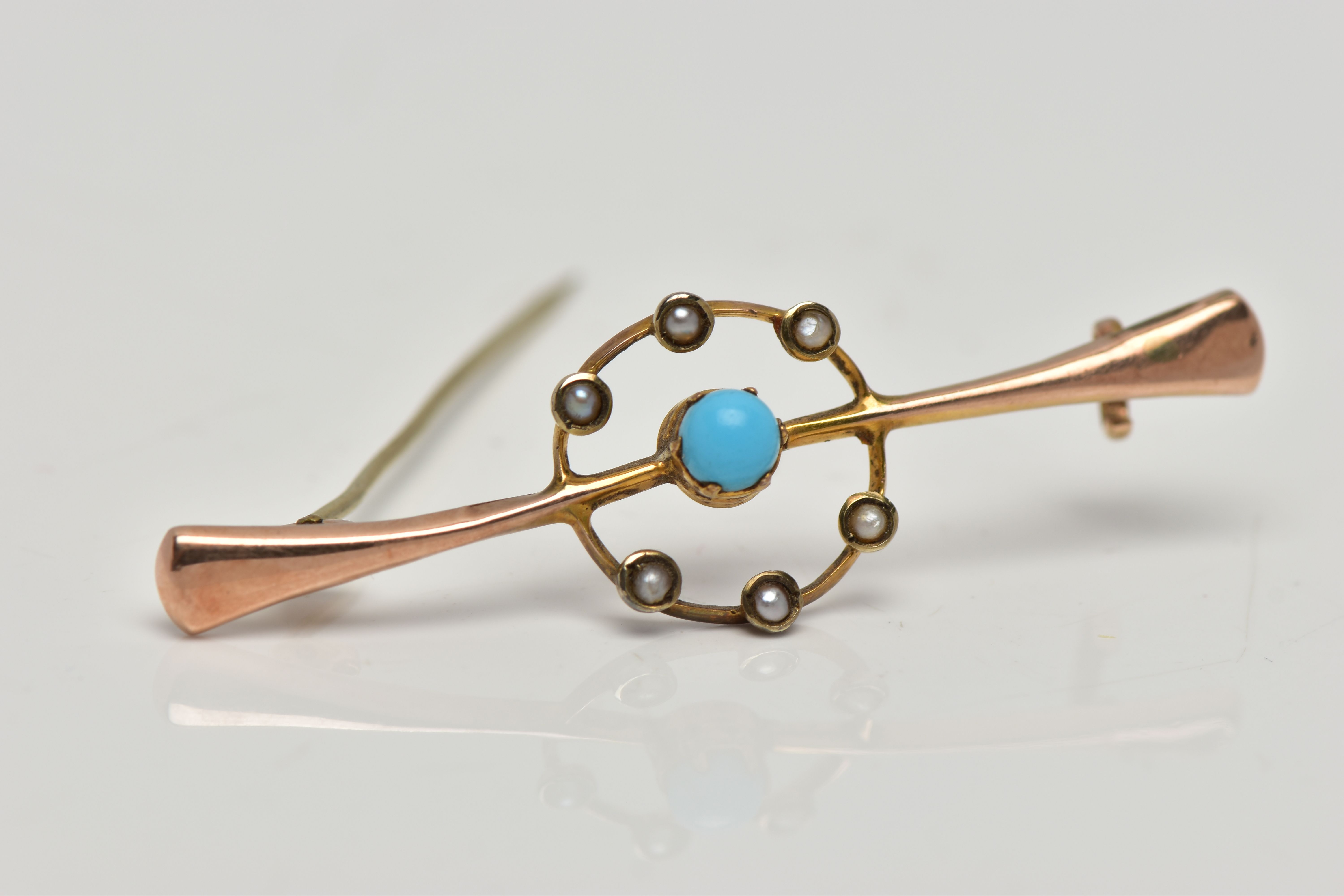 TWO YELLOW METAL BAR BROOCHES, the first set with a central turquoise cabochon, within an openwork - Image 3 of 4