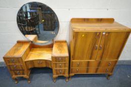 A WALNUT TWO DOOR CABINET, with two drawers, width 84cm x depth 42cm x height 116cm, along with a