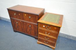 A YEW WOOD TWO DRAWER FILING CABINET, with green tooled leather inlay (one key) and a media