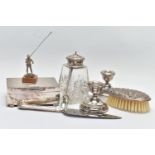 AN ASSORTMENT OF SILVERWARE, to include a rectangular silver cigarette box, engine turned pattern