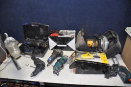 TWO TUBS OF ELECTRICAL TOOLS to include a JCB PD12793 circular saw, Power Plus XO440, Supatool AG500