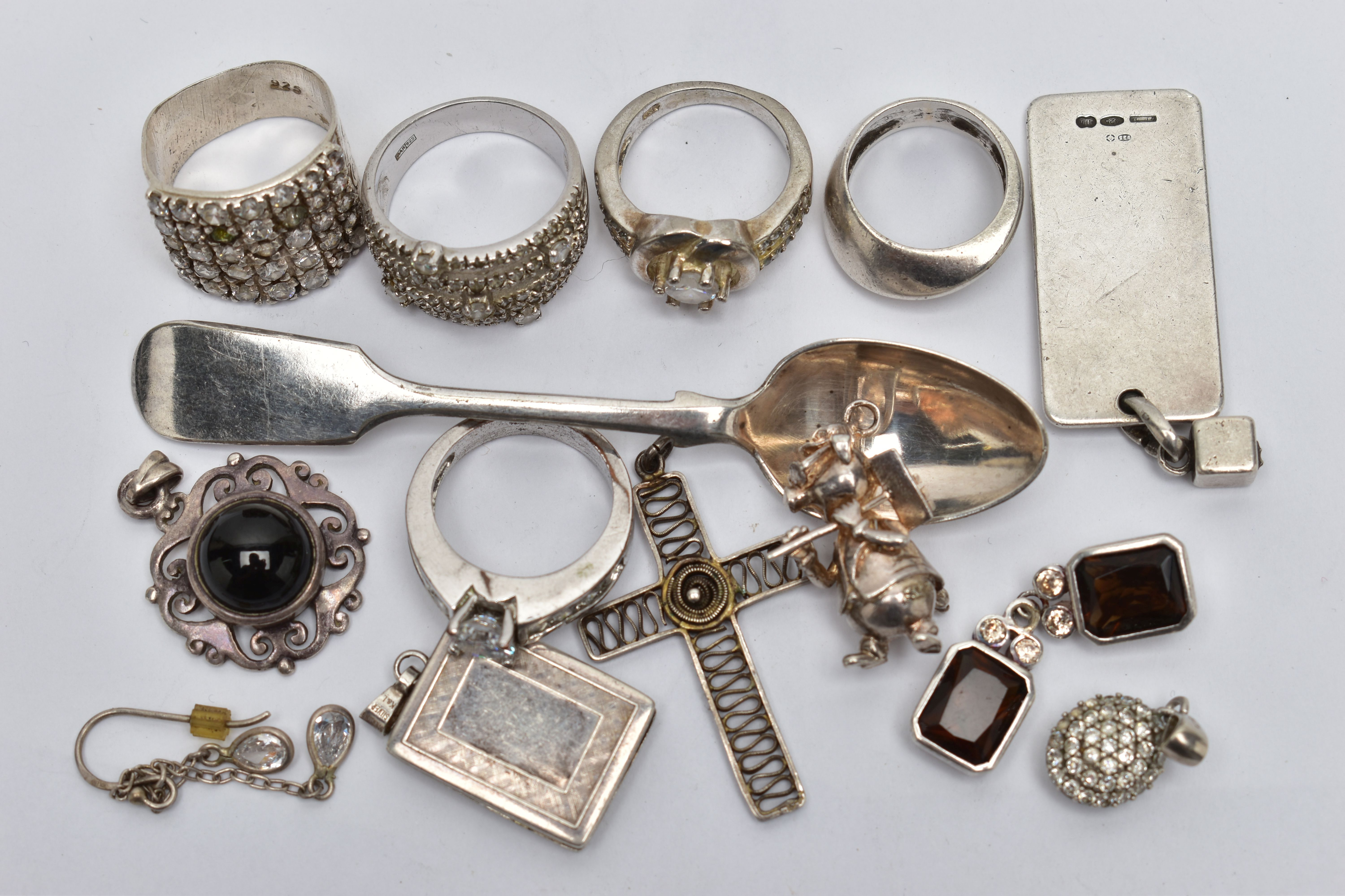 A BAG OF ASSORTED SILVER AND WHITE METAL JEWELLERY, to include a plain polished silver,