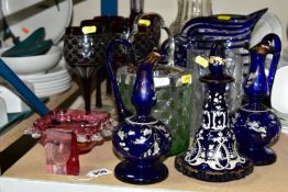 SIXTEEN PIECES OF CUT GLASS AND BOHEMIAN GLASSWARE, including a green cut glass biscuit barrel, an